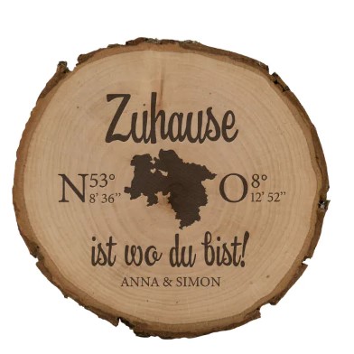 Baumscheibe mit Gravur - Motiv Zuhause - mit Bundesland und Koordinate