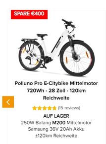 Polluno Pro E-Citybike Mittelmotor 720Wh 